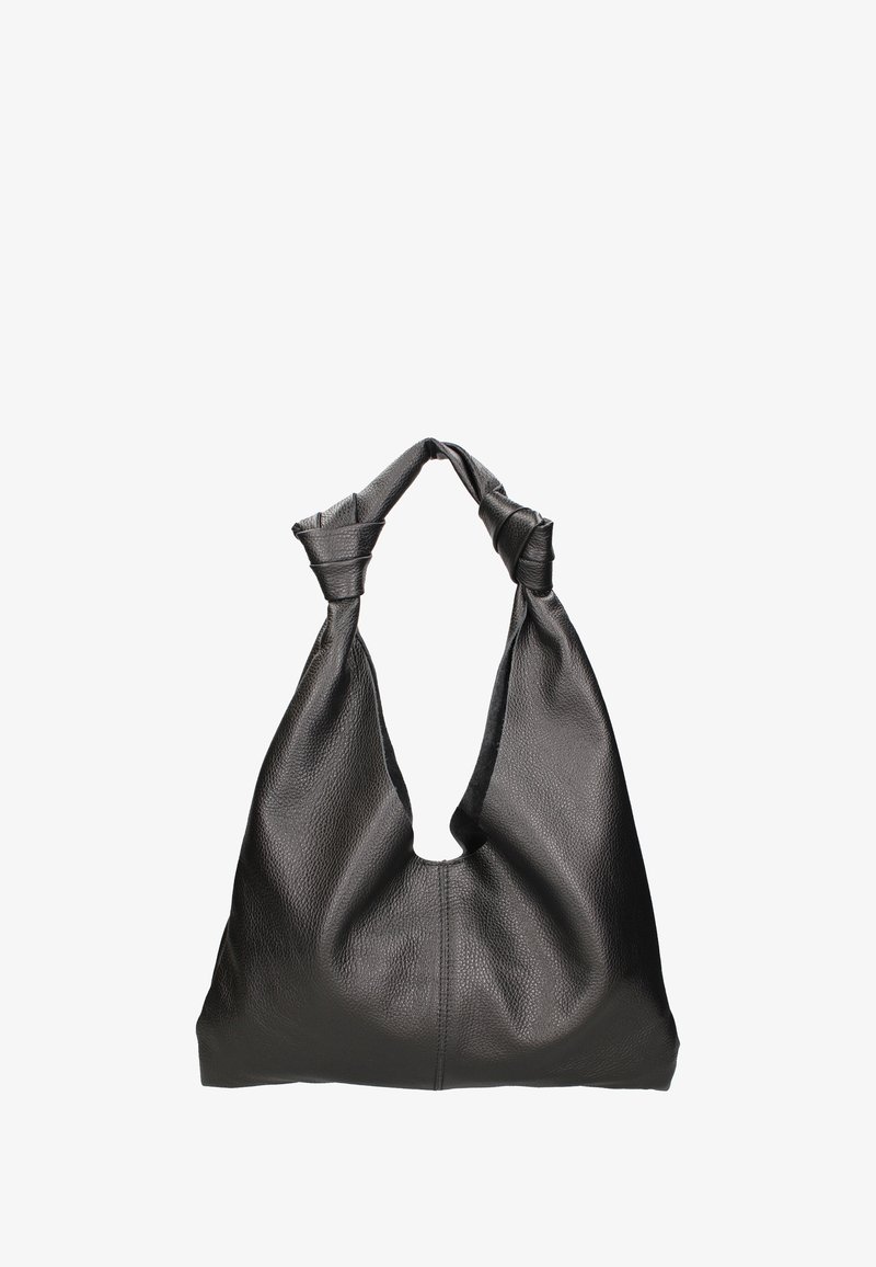 Sac souple en cuir noir avec une texture lisse, des anses nouées et un dessus ouvert, présentant une découpe arrondie au centre.