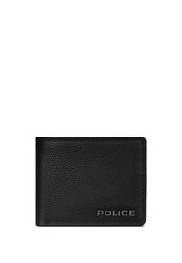 Portafoglio in pelle nera con finitura testurizzata, design a pieghe bi-facciali e logo "POLICE" in rilievo nell'angolo in basso a destra.