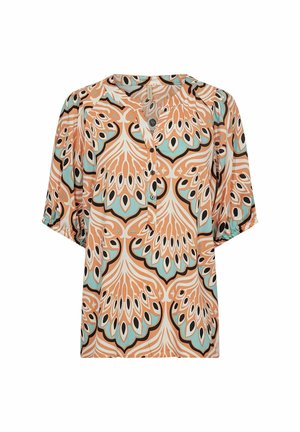 Bluză cu mânecă scurtă dintr-un material portocalie, turcoaz și negru. Prezintă un model floral, decolteu în V și detaliu cu nasturi pe partea din față.