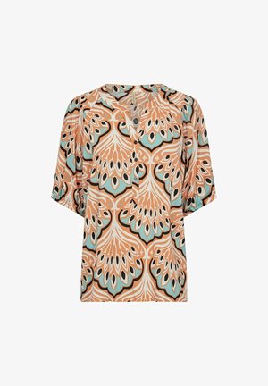 Bluză cu mânecă scurtă dintr-un material portocalie, turcoaz și negru. Prezintă un model floral, decolteu în V și detaliu cu nasturi pe partea din față.