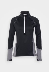 Schwarzes Langarm-Sportoberteil mit einem halben Reißverschluss am Kragen, grauen Seitenpaneel-Akzenten und Kontrastnähten an den Nähten. Glattes, elastisches Material.