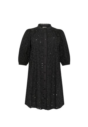Robe noire avec des manches courtes bouffantes, fermeture à boutons à l'avant et motifs découpés floraux brodés. Texture lisse avec une coupe structurée, de longueur genou.