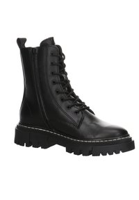 Botas de tobillo de cuero negro con cordones en la parte delantera, cremallera lateral, suela de goma gruesa y detalles de costura a lo largo del borde de la suela.