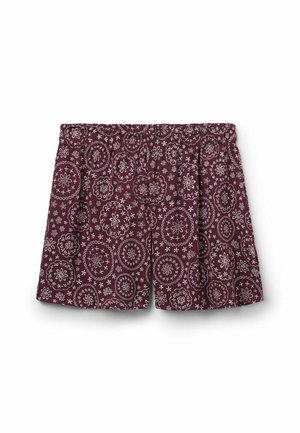 Short bordeaux avec motif floral et géométrique circulaire blanc, taille élastique et coupe ample.