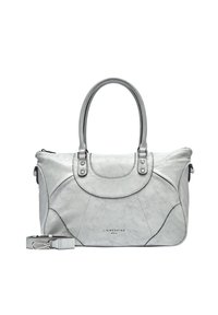 Srebrna torebka z sztucznej skóry z podwójnymi uchwytami, zamkiem błyskawicznym i odpinanym paskiem na ramię. Posiada tłoczoną wzór oraz detal z logo.