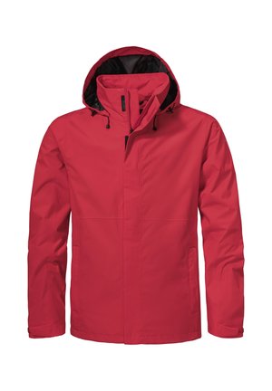 Rote Herren-Regenjacke mit Kapuze, Frontreißverschluss und Seitentaschen, entwickelt für den Schutz bei Outdoor-Wetter.