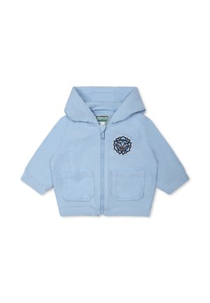 Light blue children's zip-up hoodie with a hood, two front pockets, and a tiger logo embroidered on the left chest. Soft cotton fabric.