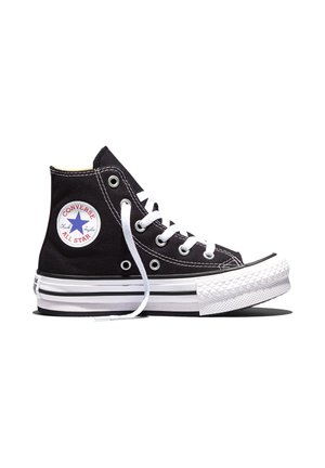 Baskets montantes noires Converse All Star avec lacets blancs, semelle en caoutchouc blanche et patch logo rond sur le côté de la cheville.