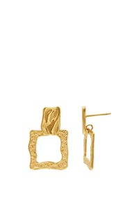 Ohrringe in Goldoptik mit einer strukturierten, gewellten Oberseite und einem quadratischen, hängenden Design mit hammergebürsteter Oberfläche. Leicht und mit Steckverschluss.