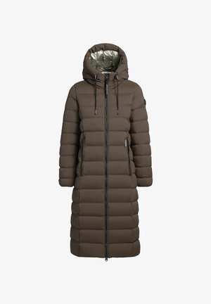 Brązowy puchowy płaszcz z kapturem, z metaliczną srebrną podszewką i zapinanymi na zamek kieszeniami. Prostokątny pikowany design zapewniający izolację i ciepło.