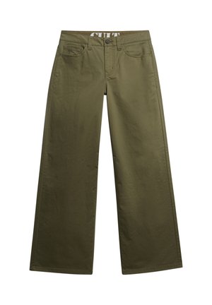 Olijfgroene wijde broek van katoen, met een knoopsluiting, steekzakken aan de voorkant en een patroon op de tailleband. Gladde textuur.