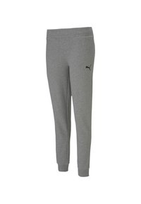 Grå joggingbyxor med elastisk midja, smal passform och ribbade manschetter. Har en svart Puma-logga på vänster sida. Mjuk bomullsblandning.