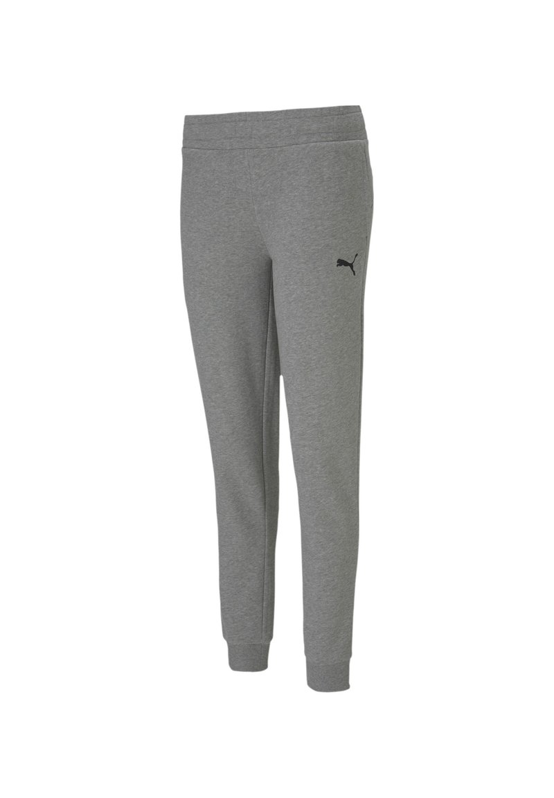 Grå joggingbyxor med elastisk midja, smal passform och ribbade manschetter. Har en svart Puma-logga på vänster sida. Mjuk bomullsblandning.