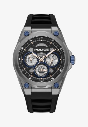 Police armbåndsur med sort og sølv urskive, tre underskiver til 24-timers ur, dag og dato funktioner, blå accenter og sort gummirem.