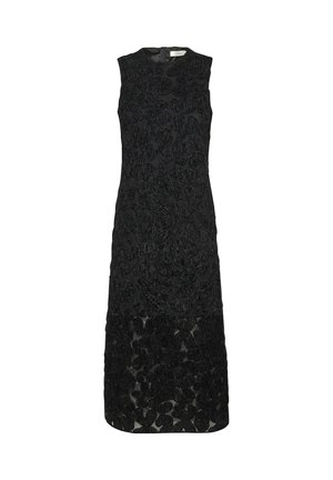 Svart ärmlös klänning med lager av blommönsterbroderi, texturerad yta, medellång design och en diskret dragkedja bak.