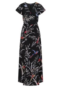 Maxikleid aus schwarzem Stoff mit Wickeldesign, kurzen Ärmeln und bunten Vogel- und Blattmustern. Elastischer Bund für eine gute Passform.