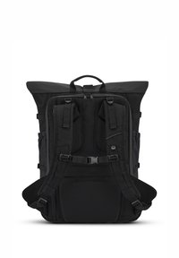 Black backpack with a roll-top design, padded shoulder straps, mesh texture on back, adjustable straps, and a sturdy handle on top.