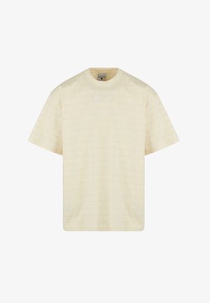 Gaiši dzeltena īsās piedurknes T-kreklā ar smalku rakstu tekstūru un izšūtu logotipu priekšā. Standarta piegriezums, kokvilnas materiāls.
