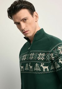 Zielony sweter z dzianiny z wysokim kołnierzem, z zimowym wzorem przedstawiającym renifery, drzewa i płatki śniegu w białym i czerwonym kolorze.
