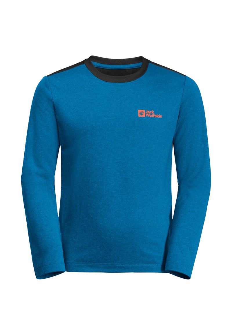 Camicia blu a maniche lunghe realizzata in tessuto testurizzato. Presenta un colletto nero e dettagli sulle spalle con un logo arancione sul lato sinistro del petto.