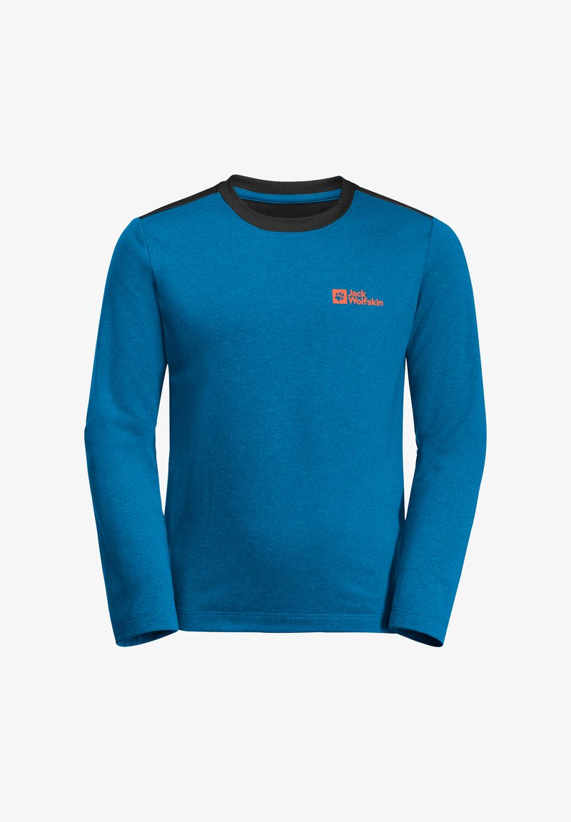 Langarmiges blaues Hemd aus strukturiertem Stoff. Verfügt über einen schwarzen Kragen und Schulterakzente mit einem orangefarbenen Logo auf der linken Brust.