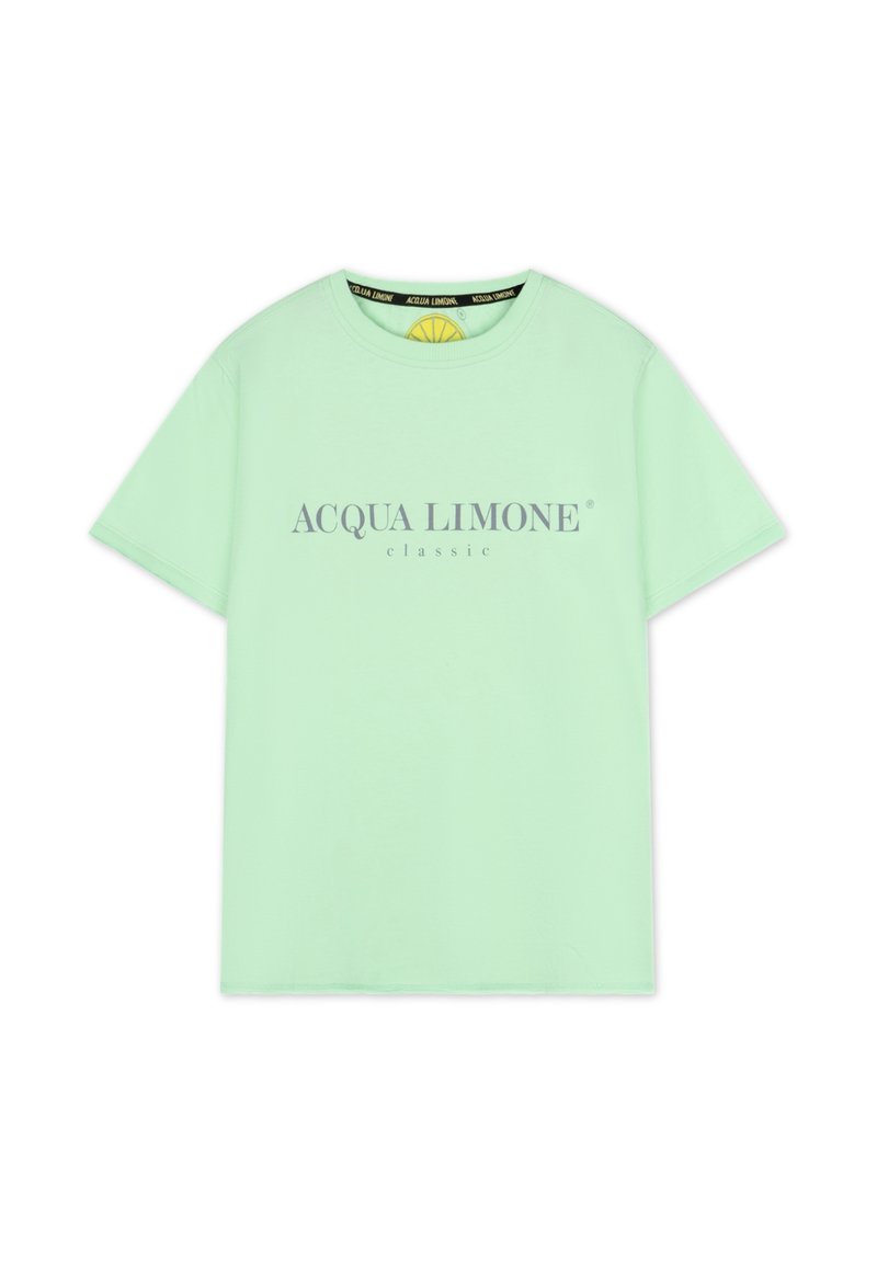 Ljus mintgrön bomull T-shirt med korta ärmar, med rund halsringning och texten "ACQUA LIMONE classic" i grått. Slät textur.
