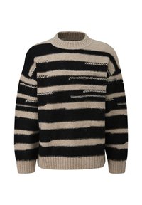 Sweter w paski w kolorach beżowym i czarnym. Dzianinowy materiał z poziomymi paskami. Z okrągłym dekoltem oraz ściągaczami na mankietach i dole.