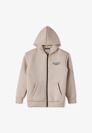 Felpa beige con zip e cappuccio, due tasche frontali e dettagli neri. Presenta un marchio ricamato sul petto e testo sul maniche sinistra.