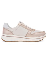 White and rose gold low-top sneaker with white laces, thick sole, and textured leather details on a white background.