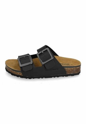 Sandalo nero slip-on con due fibbie in metallo regolabili, soletta in sughero e suola in gomma testurizzata, visto di lato su sfondo bianco.