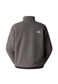 Grå fleece-pullover med høj krave, sort kant og hvidt logo på den øverste ryg. Blød tekstur, afslappet pasform og lange ærmer.