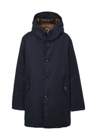 Giacca esterna blu navy con cappuccio zip, chiusura frontale con bottoni, tasche laterali e interno imbottito color beige.