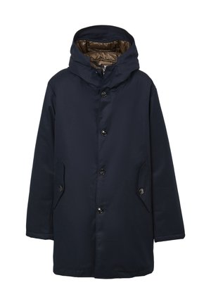 Marineblaue Außenjacke mit einer reißverschlussfähigen Kapuze, Knopfverschluss auf der Vorderseite, Seitentaschen und einem gepolsterten, hellbraunen Innenfutter.