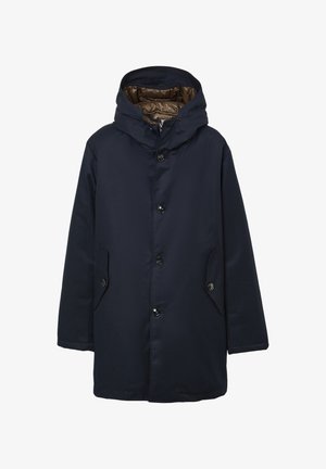 Marineblaue Außenjacke mit einer reißverschlussfähigen Kapuze, Knopfverschluss auf der Vorderseite, Seitentaschen und einem gepolsterten, hellbraunen Innenfutter.