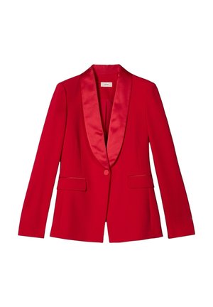 Blazer rosso in tessuto liscio, con colletto scialle in raso, chiusura con un bottone e due tasche frontali. Design sartoriale con maniche lunghe.