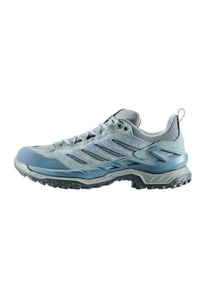 Scarpa da hiking leggera in mesh blu chiaro e grigio, suola in gomma testurizzata, punta rinforzata, dotata di molteplici pannelli di ventilazione e lacci.