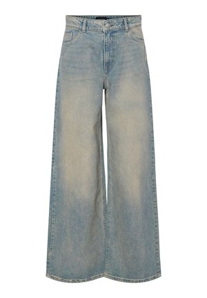 Jeans en denim bleu clair à jambe large, dotés d'une taille haute, de deux poches avant et d'un délavage avec des coutures visibles.