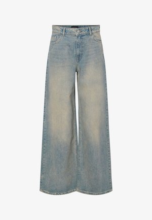 Svijetloplave široke traperice s visokim strukom, koje imaju dva prednja džepa i izblijedjeli izgled s vidljivim šavovima.