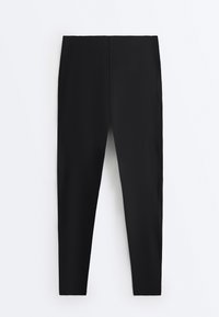 Black high-waist fitted leggings with a clean, seamless design, displayed flat against a white background.