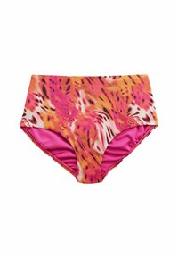 Högmidjade bikinitrosor i ett livfullt mönster av rosa och orange djurtryck. Mjuk tyg med baddräktfoder och elastisk midja.