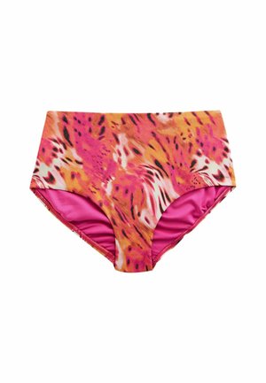 Hochgeschnittene Bikinihose in einem lebhaften pink- und orangefarbenen Tiermuster. Weicher Stoff mit Badebekleidungsfutter und elastischem Bund.
