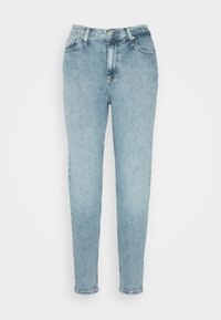 Vaaleat farkut, joissa on korkea vyötärö, kapenevat lahkeet, viisi taskua ja napitus. Pinnassa on hieman haalistunut rakenne ilman erottuvia kuvioita.