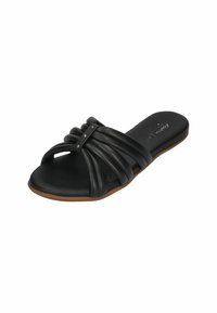 Black leather slide sandal with multiple gathered straps and circular accents. Flat sole with a textured surface and light brown outsole.