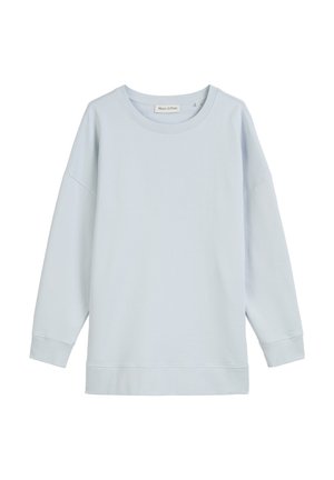 Helles blaues Sweatshirt aus weichem Stoff, mit rundem Ausschnitt, überschnittenen Schultern und gerippten Bündchen und Saum. Einfaches, klares Design.