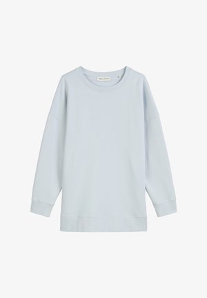 Felpa azzurra chiara realizzata in tessuto morbido, con collo rotondo, spalle cadenti e polsini e orlo a costine. Design semplice e pulito.