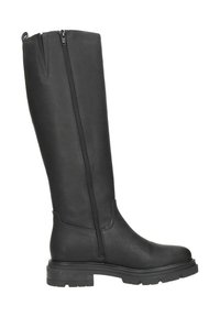 Zwarte kniehoge laarzen van kunstmateriaal, voorzien van een ritssluiting aan de zijkant, een grove rubberen zool en een gladde afwerking.