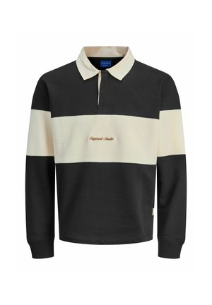 Polo à manches longues en noir et crème. Dispose d'un col classique, d'une patte de boutonnage à l'avant et d'un logo "Original Studio" brodé en or.