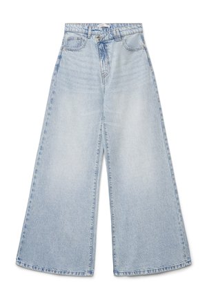 Jeans denim azzurri a gamba larga con vita alta, passanti per cintura, tasche frontali e chiusura con bottoni.