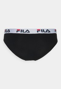 Culotte en coton noir avec un élastique blanc comportant le logo FILA rouge et bleu. Texture lisse et coupe classique.
