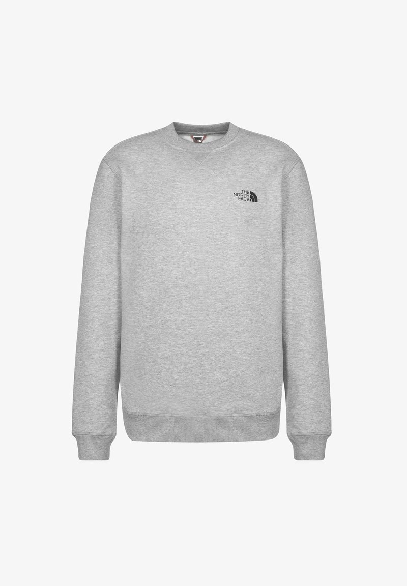 Sweat-shirt gris clair à col rond, avec poignets et ourlet côtelés, présentant un petit logo noir The North Face sur le côté gauche de la poitrine.